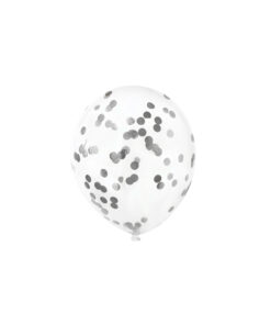 Clear silver confetti latex balloon in pack of 6 and size of 30cm