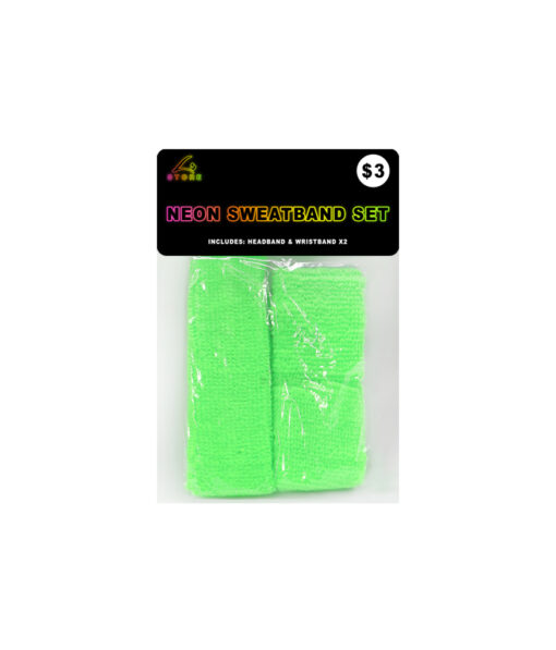 Neon green 80's sweat bands in pack of 1x headband and 2x wristbands