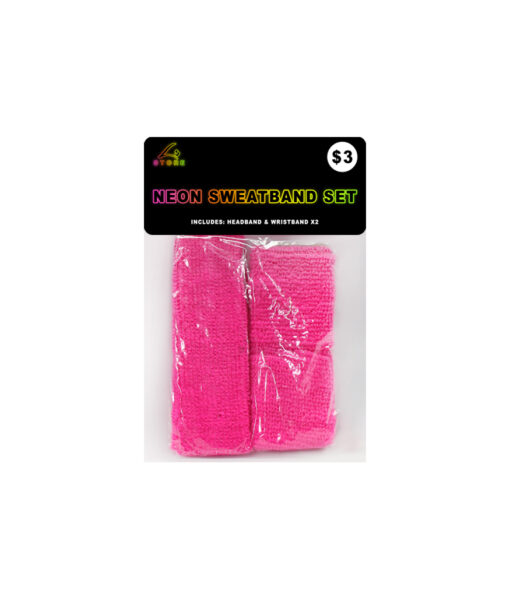 Neon pink 80's sweat bands in pack of 1x headband and 2x wristbands