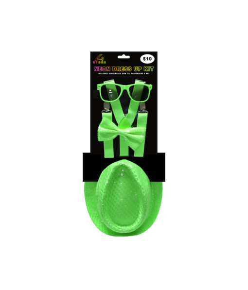 Neon green dress up kit including sunglasses, bowtie, suspenders and hat