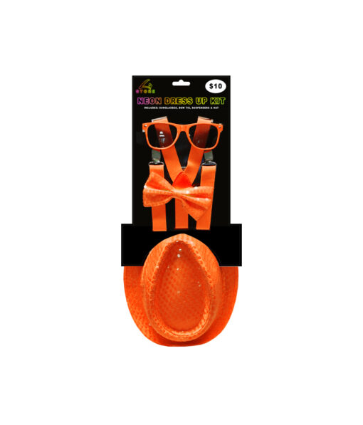 Neon orange dress up kit including sunglasses, bowtie, suspenders and hat