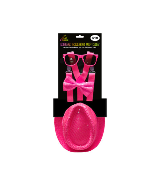 Neon pink dress up kit including sunglasses, bowtie, suspenders and hat