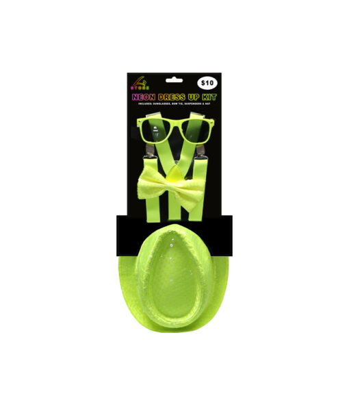 Neon yellow dress up kit including sunglasses, bowtie, suspenders and hat