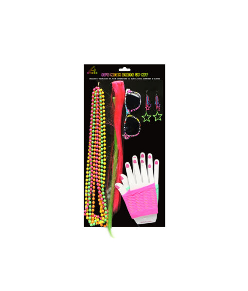 80's neon dress up kit including 4x necklaces, 2x hair extensions, sunglasses, earrings and gloves