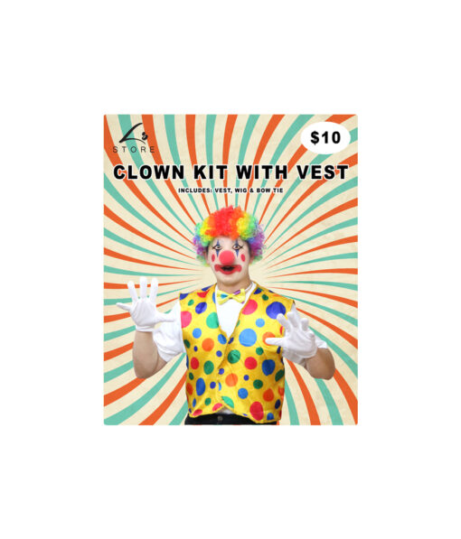 Clown dress up kit with rainbow afro wig, vest and bow tie