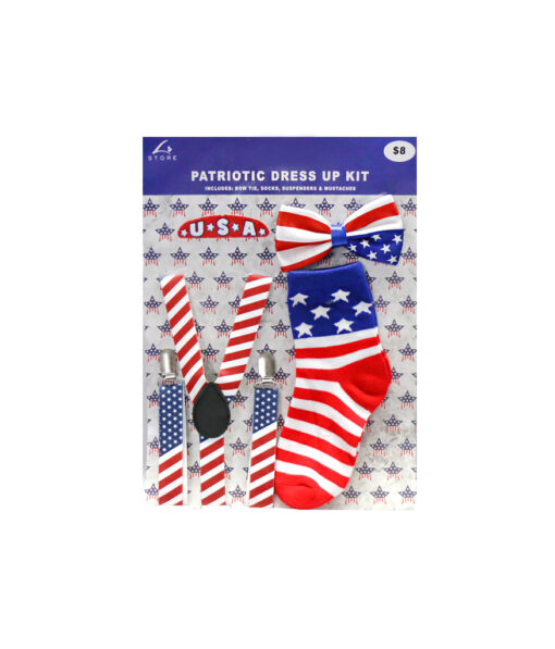 American patriot dress up kit including bow tie, socks, suspenders and "USA" moustache