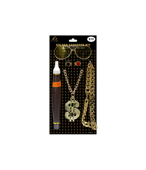 Golden gangster dress up kit with sunglasses, fake cigar, golden dollar sign necklace and golden bracelet