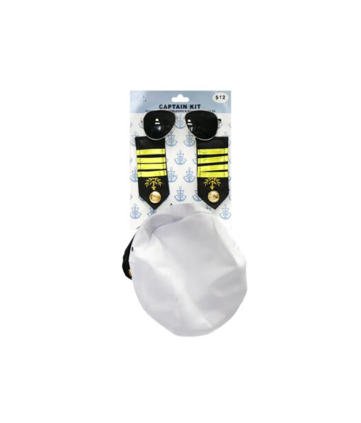 Captain dress up kit including black aviator glasses, captain stripes, and white captain hat