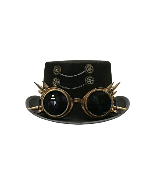 Black steampunk top hat with spiked goggles