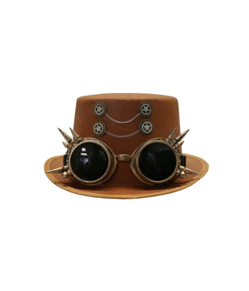 Brown steampunk top hat with spiked goggles