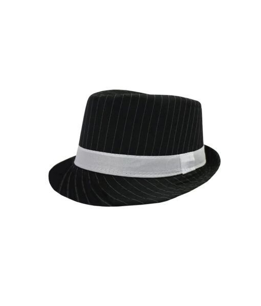 Black fedora with white stripes and white hat band