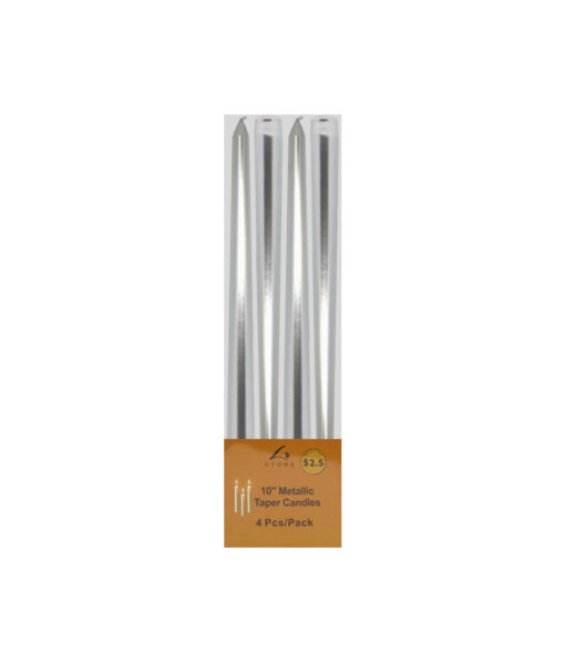 10inch metallic silver taper candles in pack of 4