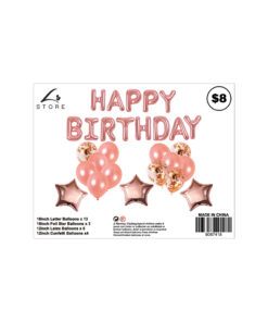 28pc assorted rose gold birthday balloon set with 13x 16inch letter balloons, 3x 18inch foil star balloons, 8x 12inch latex balloons, and 4x 12inch confetti balloons