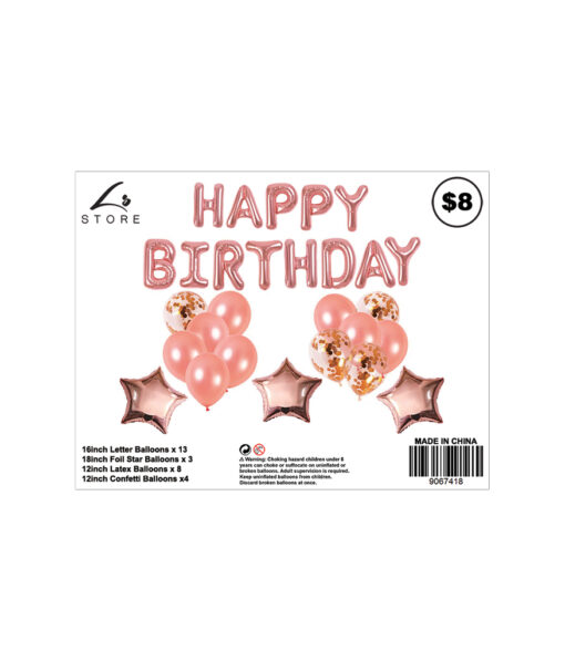 28pc assorted rose gold birthday balloon set with 13x 16inch letter balloons, 3x 18inch foil star balloons, 8x 12inch latex balloons, and 4x 12inch confetti balloons