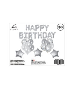 28pc assorted silver birthday balloon set with 13x 16inch letter balloons, 3x 18inch foil star balloons, 8x 12inch latex balloons, and 4x 12inch confetti balloons