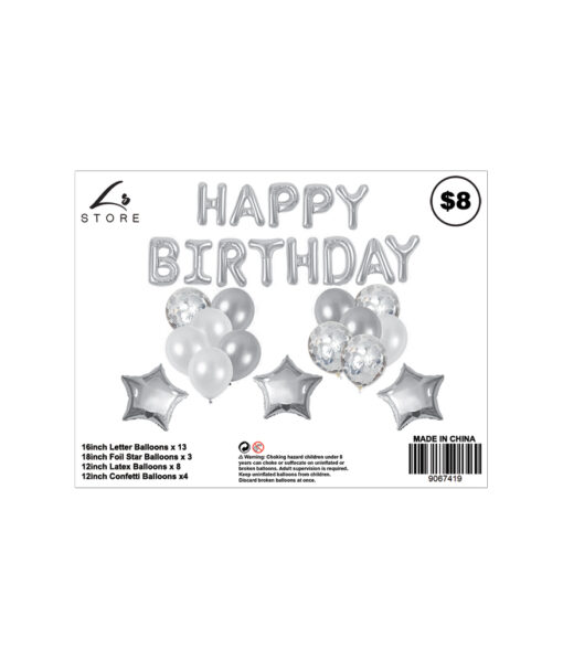 28pc assorted silver birthday balloon set with 13x 16inch letter balloons, 3x 18inch foil star balloons, 8x 12inch latex balloons, and 4x 12inch confetti balloons