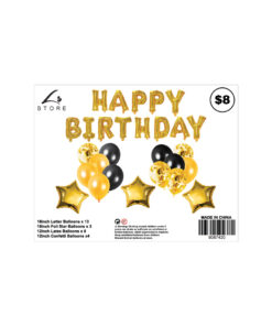 28pc assorted gold birthday balloon set with 13x 16inch letter balloons, 3x 18inch foil star balloons, 8x 12inch latex balloons, and 4x 12inch confetti balloons