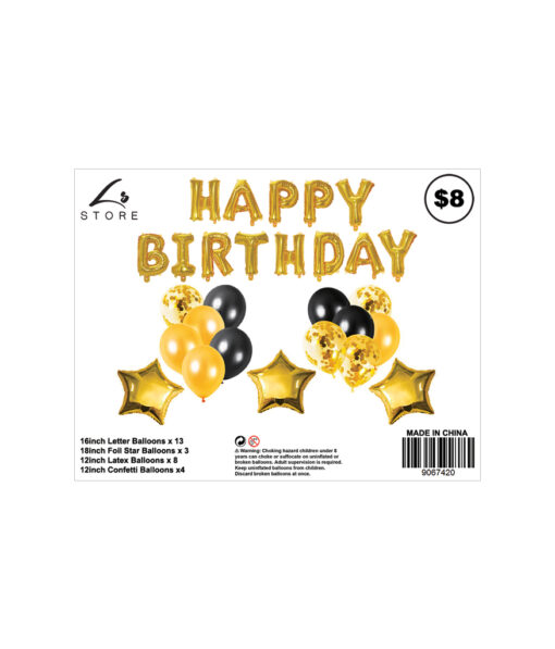 28pc assorted gold birthday balloon set with 13x 16inch letter balloons, 3x 18inch foil star balloons, 8x 12inch latex balloons, and 4x 12inch confetti balloons