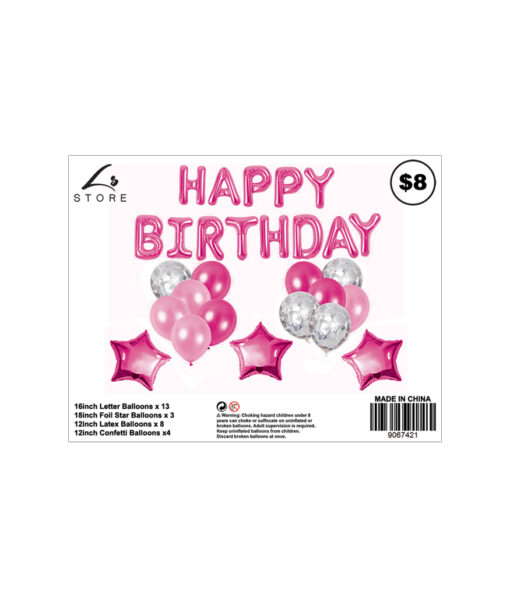 28pc assorted pink birthday balloon set with 13x 16inch letter balloons, 3x 18inch foil star balloons, 8x 12inch latex balloons, and 4x 12inch confetti balloons