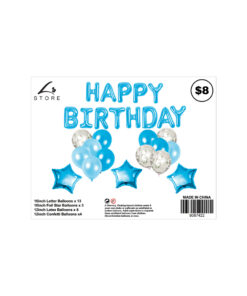 28pc assorted blue birthday balloon set with 13x 16inch letter balloons, 3x 18inch foil star balloons, 8x 12inch latex balloons, and 4x 12inch confetti balloons