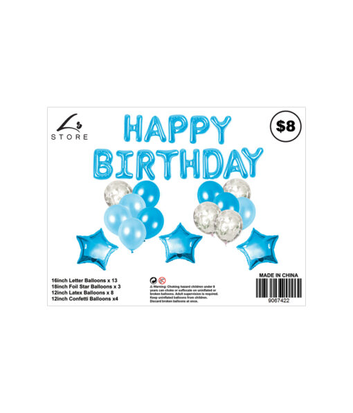 28pc assorted blue birthday balloon set with 13x 16inch letter balloons, 3x 18inch foil star balloons, 8x 12inch latex balloons, and 4x 12inch confetti balloons
