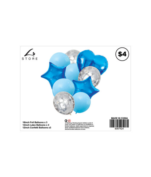 10pc assorted blue party balloon set with 3x 18inch foil balloons, 4x 12inch latex balloons and 3x 12inch confetti balloons