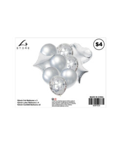 10pc assorted silver party balloon set with 3x 18inch foil balloons, 4x 12inch latex balloons and 3x 12inch confetti balloons