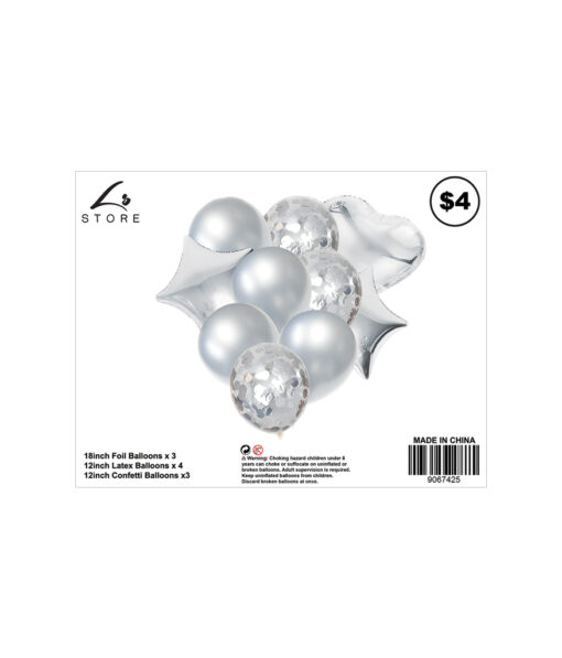 10pc assorted silver party balloon set with 3x 18inch foil balloons, 4x 12inch latex balloons and 3x 12inch confetti balloons