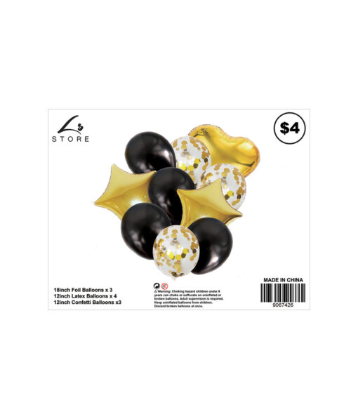 10pc assorted black and gold party balloon set with 3x 18inch foil balloons, 4x 12inch latex balloons and 3x 12inch confetti balloons