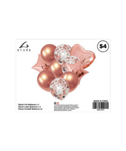 10pc assorted rose gold party balloon set with 3x 18inch foil balloons, 4x 12inch latex balloons and 3x 12inch confetti balloons