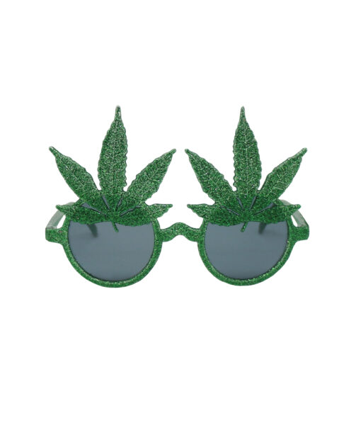 Hemp leaf party glasses in full glittery green colour with black tinted lens