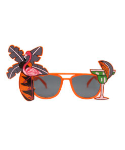 Tropical flamingo party glasses in orange colour and black tinted lens