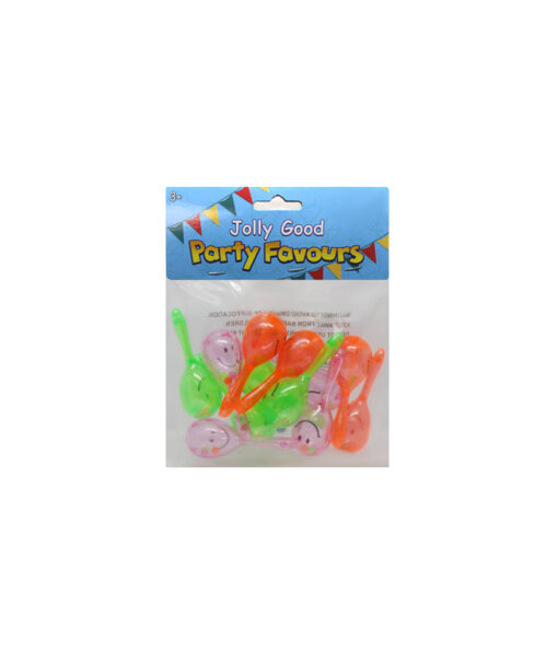 Clear plastic maracas with smiley face design in pink, green and orange colour party favour coming in pack of 12