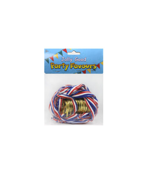 Plastic gold medals with blue, white and red striped neckstrap in pack of 15
