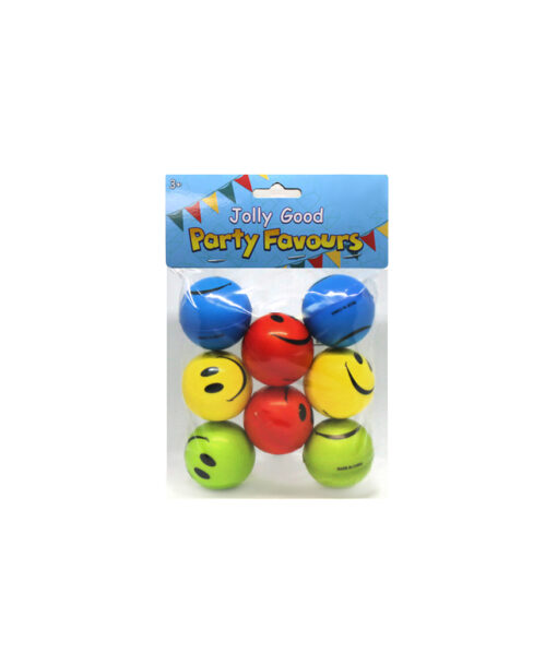 Squeezey neon stress balls with smiley face design in blue, red, yellow and green colours party favour coming in pack of 8