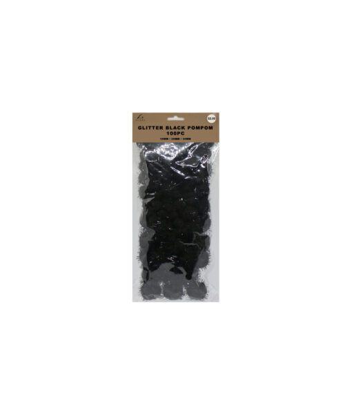 Glitter black pompoms in pack of 100 and assorted size of 10mm, 20mm, and 30mm