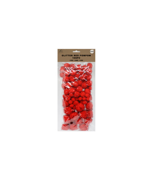 Glitter red pompoms in pack of 100 and assorted size of 10mm, 20mm, and 30mm