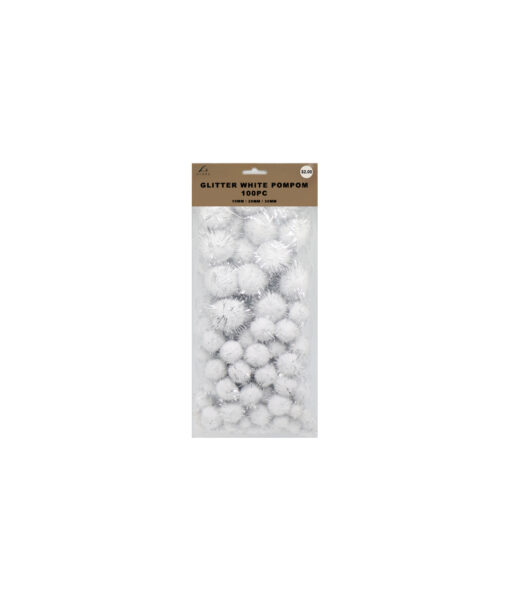 Glitter white pompoms in pack of 100 and assorted size of 10mm, 20mm, and 30mm