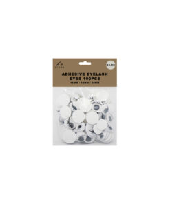 Adhesive googly eyes with eyelashes in black and white colour in sizes of 15mm, 18mm, and 20mm in pack of 100