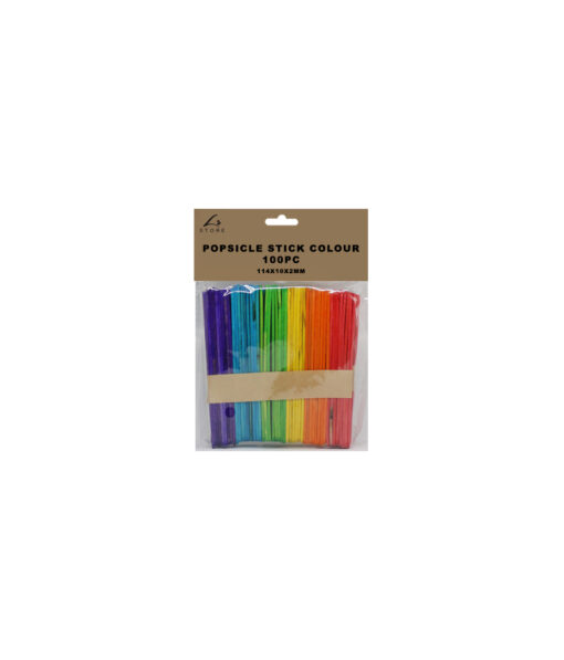 Assorted colour wooden popsicle sticks in pack of 100 and size of 114mm x 10mm x 2mm