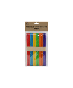 Assorted colour wooden popsicle sticks in pack of 100 and size of 150mm x 18mm x 2mm