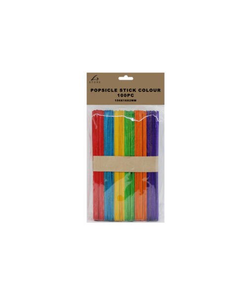 Assorted colour wooden popsicle sticks in pack of 100 and size of 150mm x 18mm x 2mm