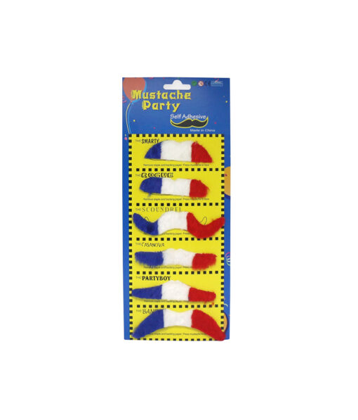 Tri-colour France theme party moustache with adhesive in blue, white and red colour and smarty, rogue, scoundrel, casanova, partyboy, and bandit designs coming in pack of 6