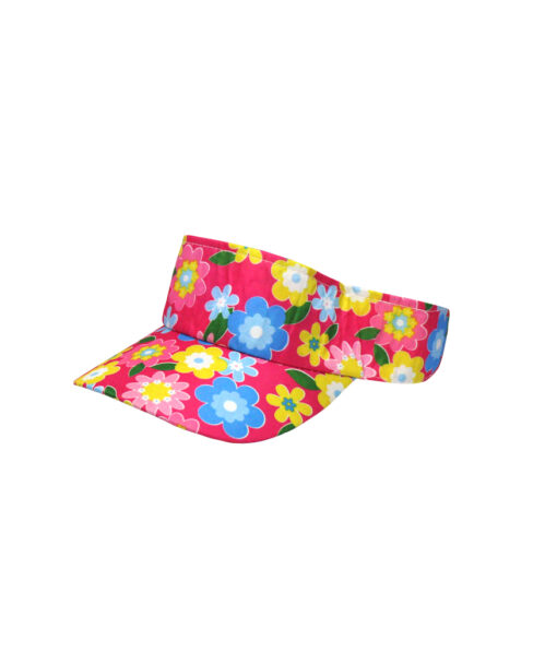 Hot pink floral visor with blue, yellow and pink flower design