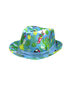 Blue summer fedora hat with parrot and cactus design