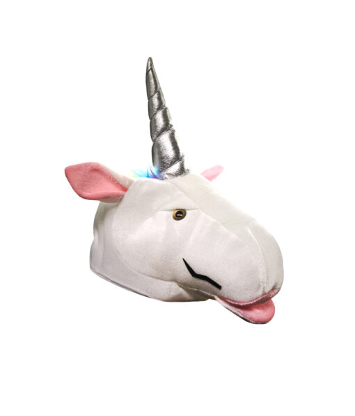 White unicorn hat with rainbow hair tuft and silver horn with thin Dali moustache