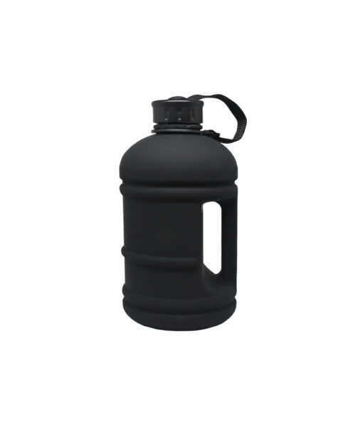 Opaque solid black water bottle with handle, black colour lid and capacity of 2L