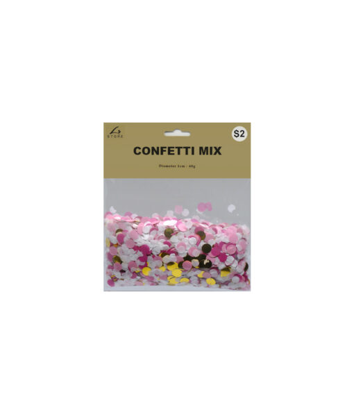 Mixed confetti in pink, white and gold colour coming in pack of 40g and size of 1cm