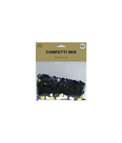 Mixed confetti in black, gold and white colour coming in pack of 40g and size of 1cm