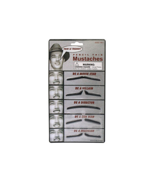 Assorted thin pencil moustaches in pack of 5 with movie star, villain, director, conman and musician style moustache